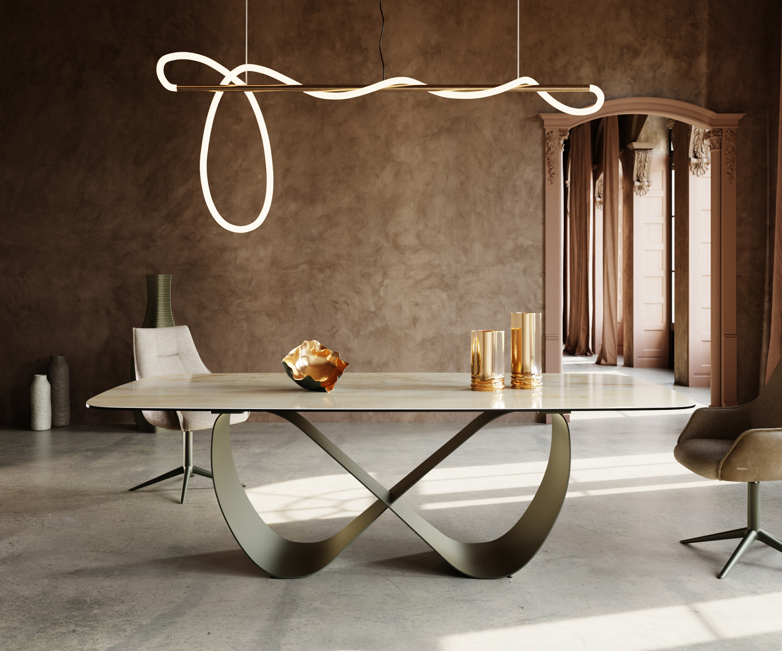 Étkezőasztal Edge hajóformájú 240x120 cm kerámia Iris FMG Onice Oro Infinity fém titán színű effekt finish - Image 2