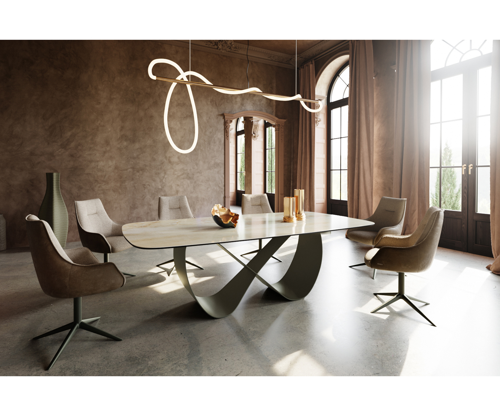 Étkezőasztal Edge hajóformájú 240x120 cm kerámia Iris FMG Onice Oro Infinity fém titán színű effekt finish - Image 6