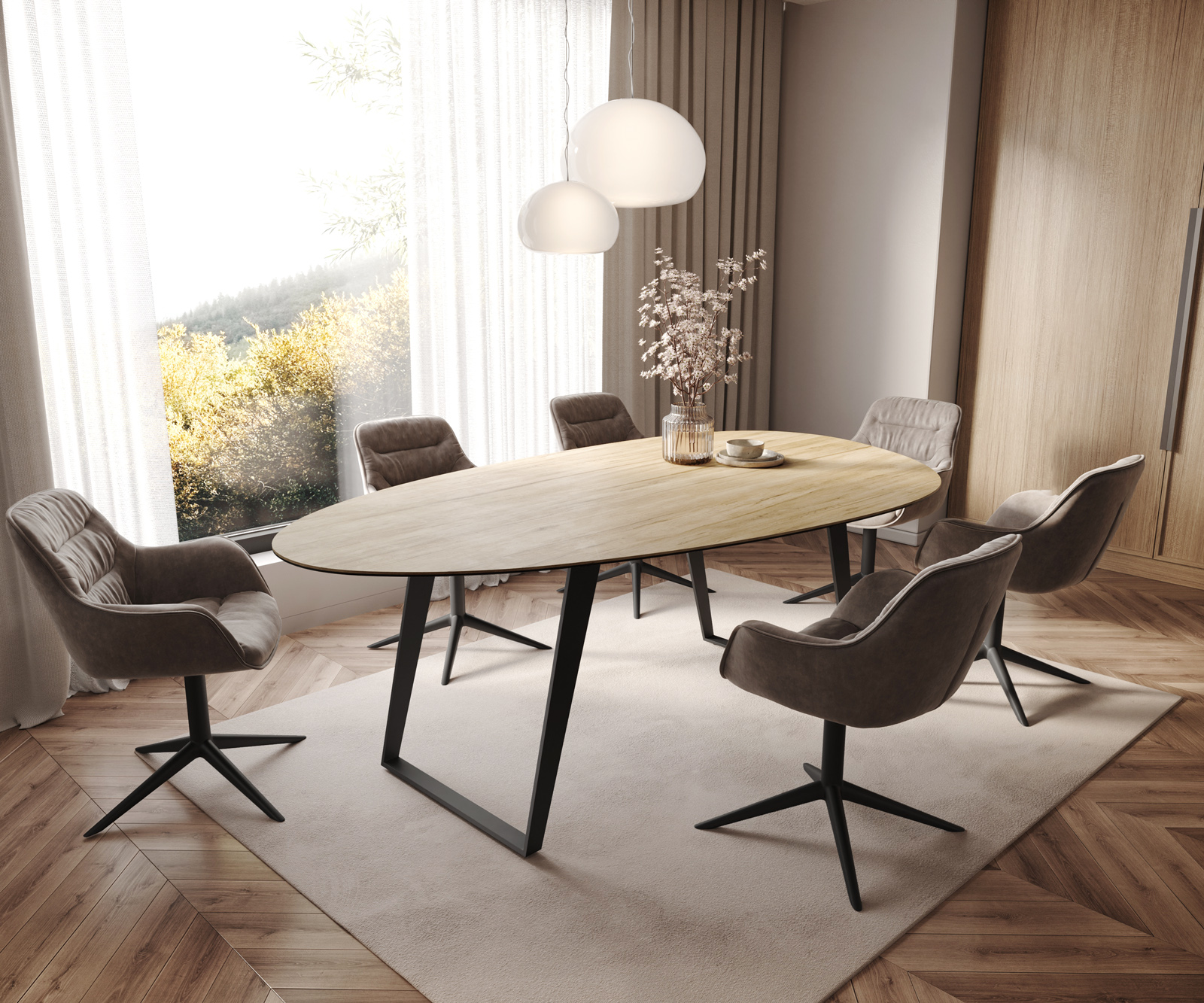 Étkezőasztal Edge ovális 220x120 cm Laminam® Sabbia kerámia tölgyszínű fém ferde fekete - Image 7