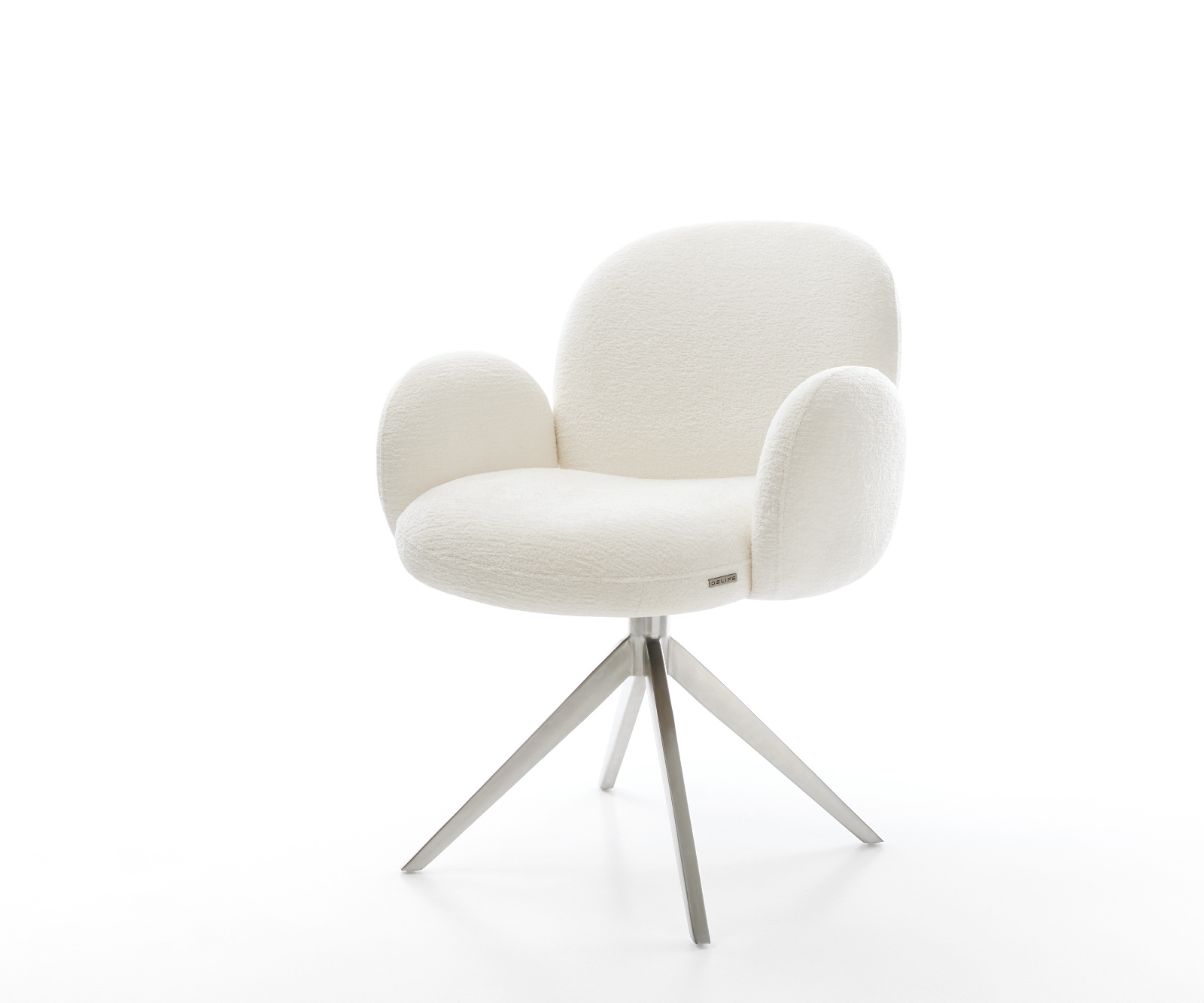 Étkezőszék Nube-Flex karfás bouclé puha bézs kereszt láb széles rozsdamentes acél 360° forgatható zsákrugós