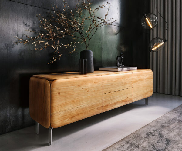 TV szekrény Shavani 175 cm akác természetes 2 ajtós 2 fiókos L láb rozsdamentes acél ezüst