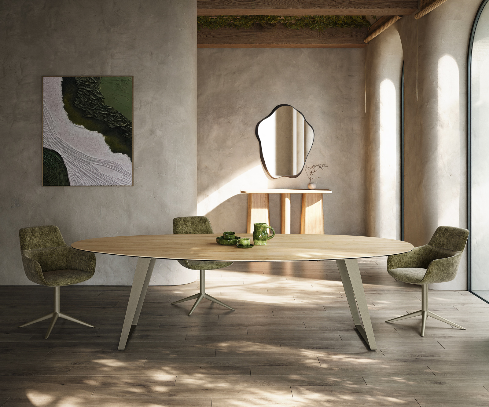 Étkezőasztal Edge ovális 280x130 cm kerámia Laminam® Sabbia tölgyszínű fém ferde titán színű hatású - Image 2