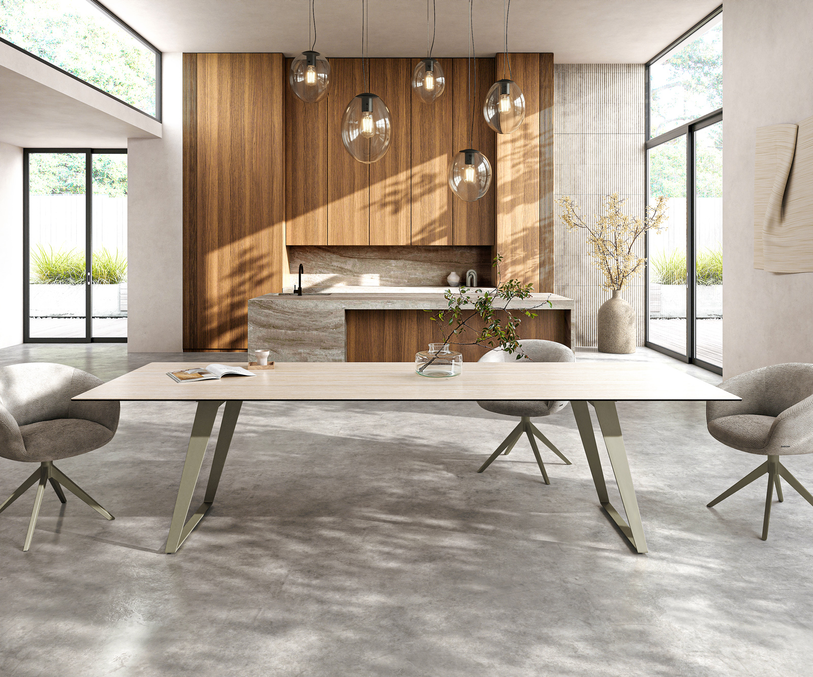 Étkezőasztal Edge 300x100 cm Laminam® kerámia Travertino Bianco krémfehér fém ferde titán színű hatású - Image 2