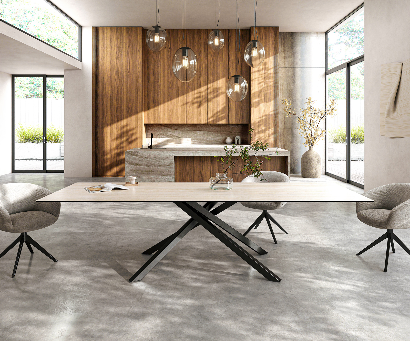 Étkezőasztal Edge 300x100 cm Laminam® Travertino Bianco kerámia krémfehér kereszt láb téglalap alakú fekete - Image 2