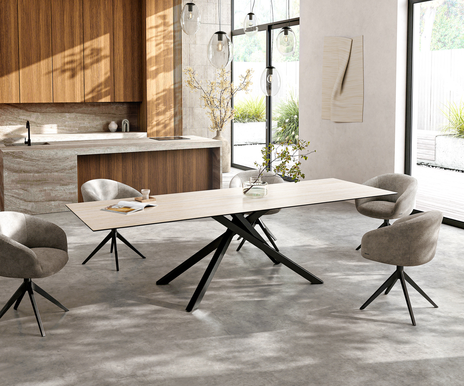 Étkezőasztal Edge 300x100 cm Laminam® Travertino Bianco kerámia krémfehér kereszt láb téglalap alakú fekete - Image 7