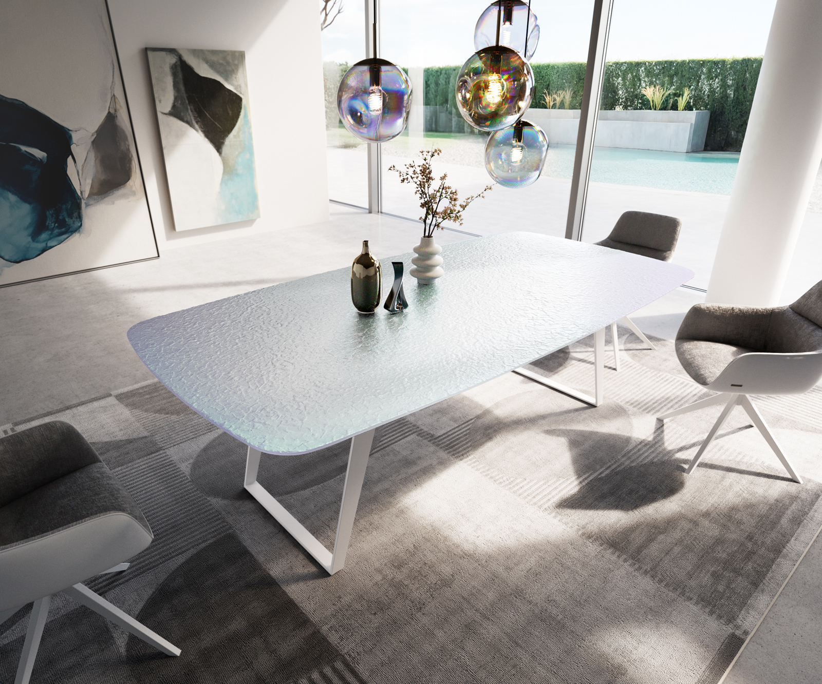 Étkezőasztal Edge hajóformájú 240x120 cm domborított üveg gyöngyház 3D design fém ferde fehér