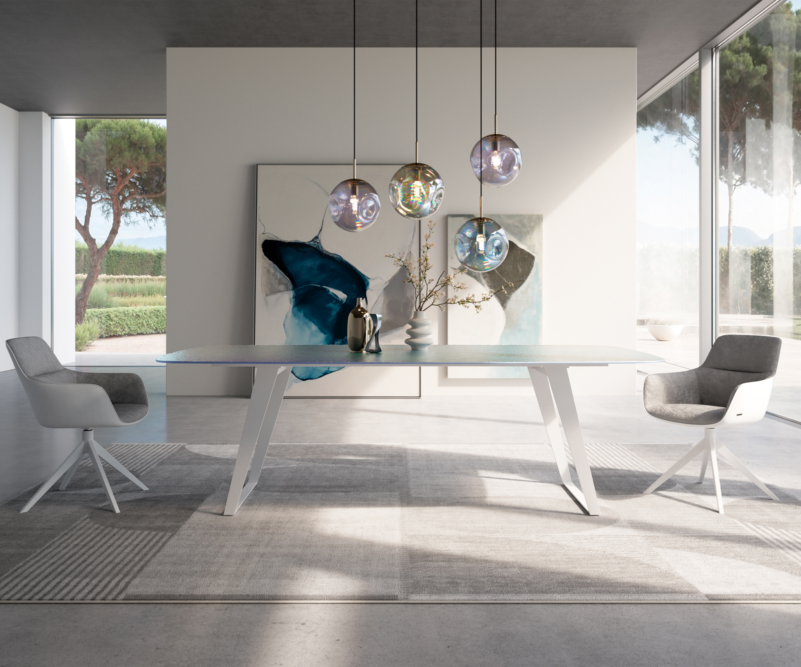 Étkezőasztal Edge hajóformájú 240x120 cm domborított üveg gyöngyház 3D design fém ferde fehér - Image 2