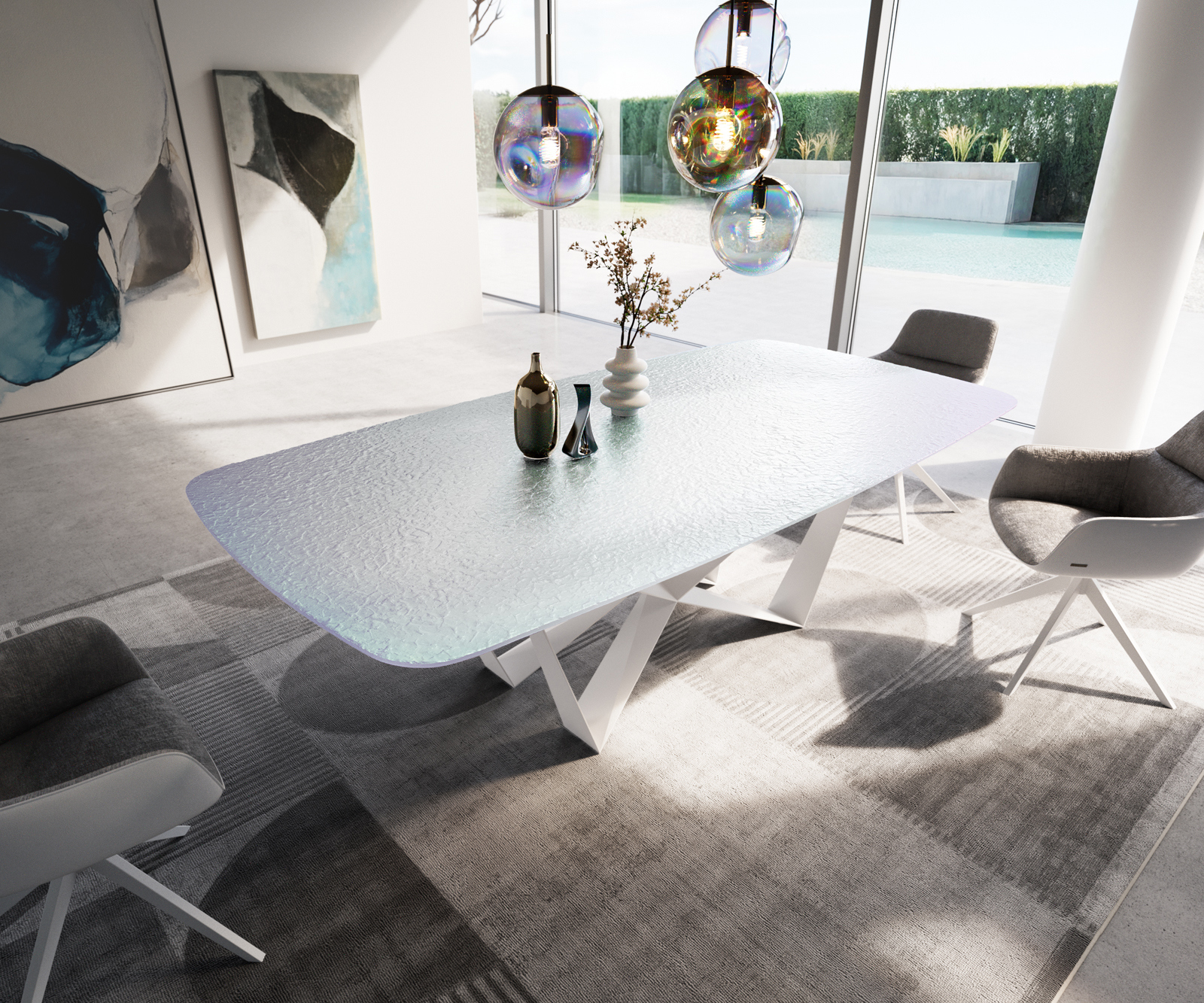 Étkezőasztal Edge hajóformájú 240x120 cm domborított üveg gyöngyház 3D design Spider fém fehér