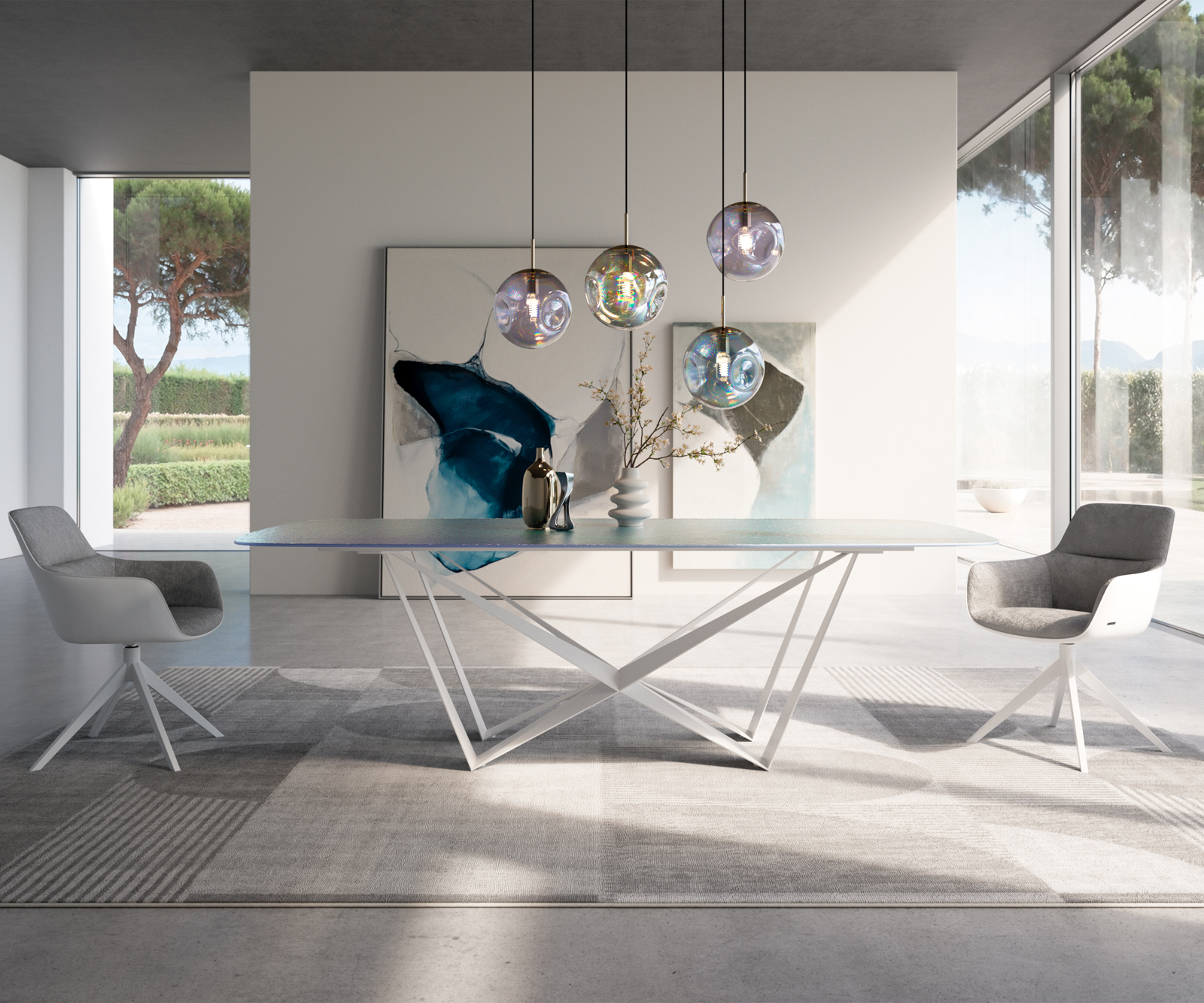 Étkezőasztal Edge hajóformájú 240x120 cm domborított üveg gyöngyház 3D design Spider fém fehér - Image 2