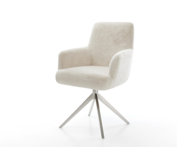 Étkezőszék Heira-Flex karfás plüss krémfehér széles kereszt láb rozsdamentes acél 360° forgatható billenő zsákrugós