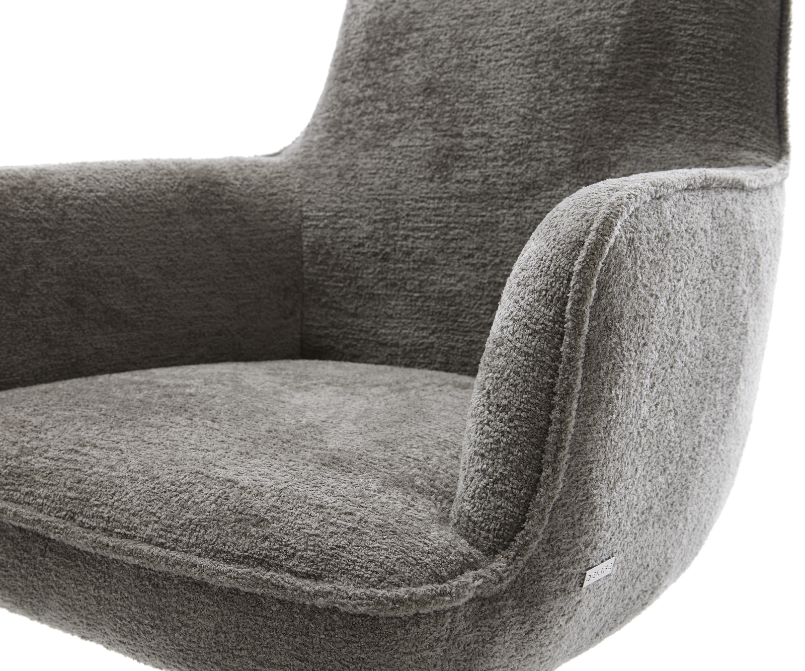 Étkezőszék Heira-Flex karfás bouclé puha sötét bézs kereszt láb széles grafit 360° forgatható hintamechanizmus zsákrugós matrac - Image 4