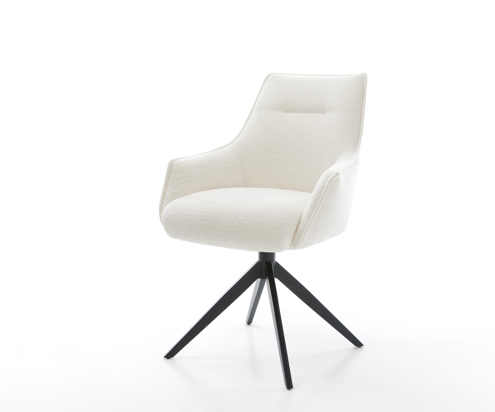 Étkezőszék Alja-Flex karfás bouclé puha bézs kereszt láb széles fekete 360° forgatható billenő zsákrugós matrac