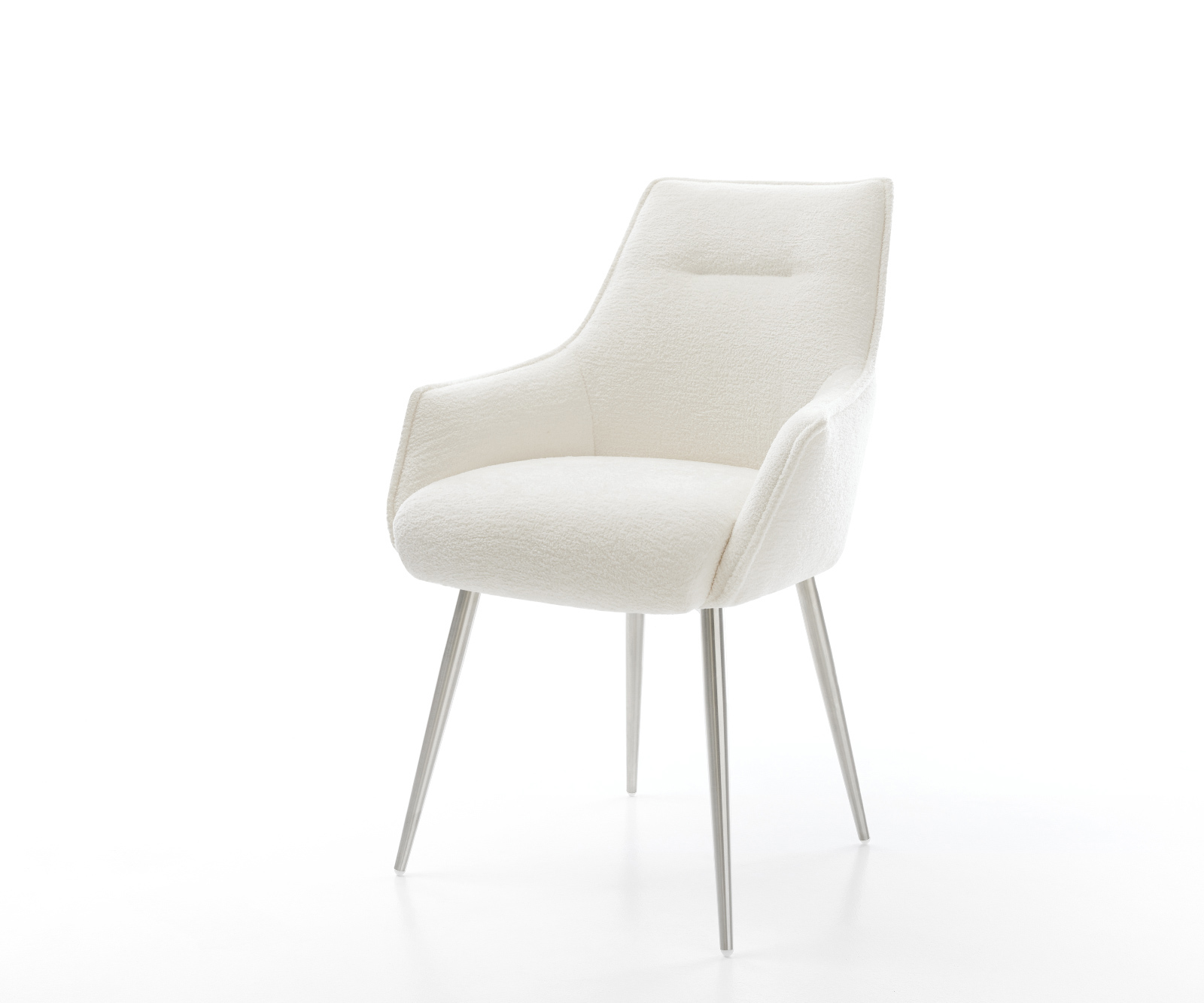 Étkezőszék Alja-Flex karfás bouclé puha bézs 4 lábas kúpos rozsdamentes acél zsákrugós