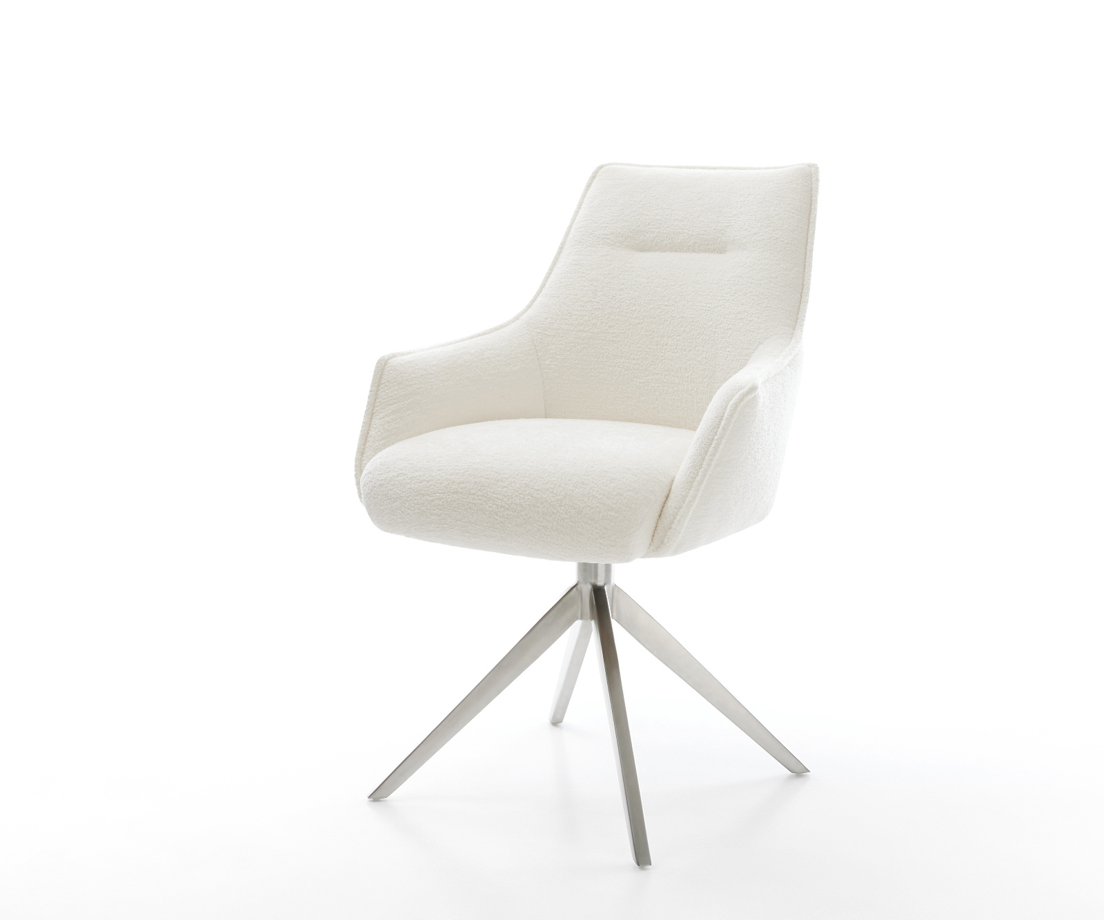 Étkezőszék Alja-Flex karfás bouclé puha bézs kereszt láb széles rozsdamentes acél 360° forgatható billenő zsákrugós matrac