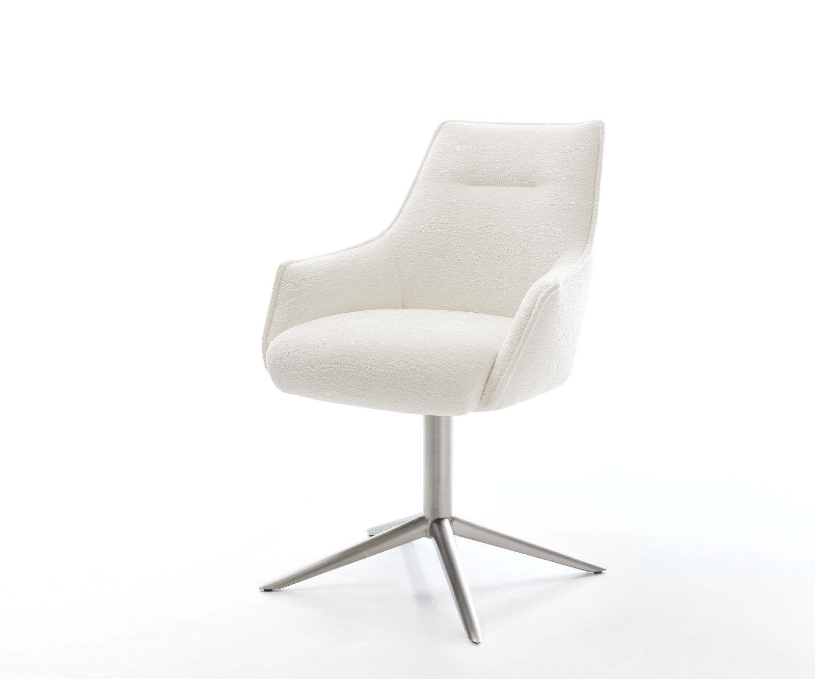 Étkezőszék Alja-Flex karfás bouclé puha bézs rozsdamentes acél kereszt láb 360° forgatható billenő zsákrugós matrac