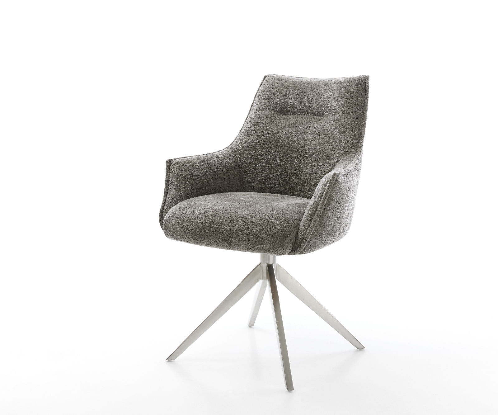 Étkezőszék Alja-Flex karfás bouclé puha sötét bézs kereszt láb széles rozsdamentes acél 360° forgatható billenő zsákrugós matrac