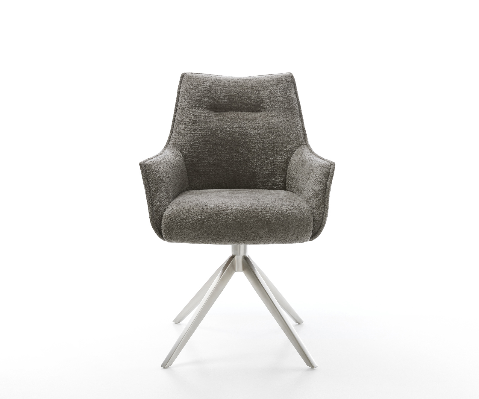 Étkezőszék Alja-Flex karfás bouclé puha sötét bézs kereszt láb széles rozsdamentes acél 360° forgatható billenő zsákrugós matrac - Image 2