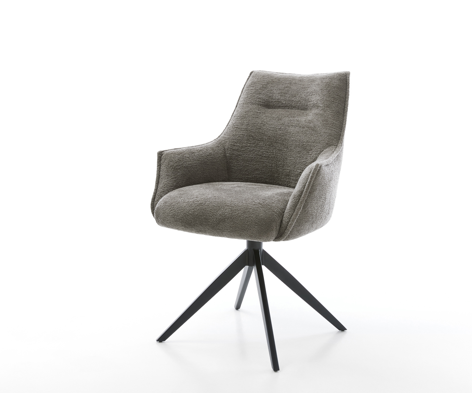 Étkezőszék Alja-Flex karfás bouclé puha sötét bézs kereszt láb széles fekete 360° forgatható billenő zsákrugós matrac