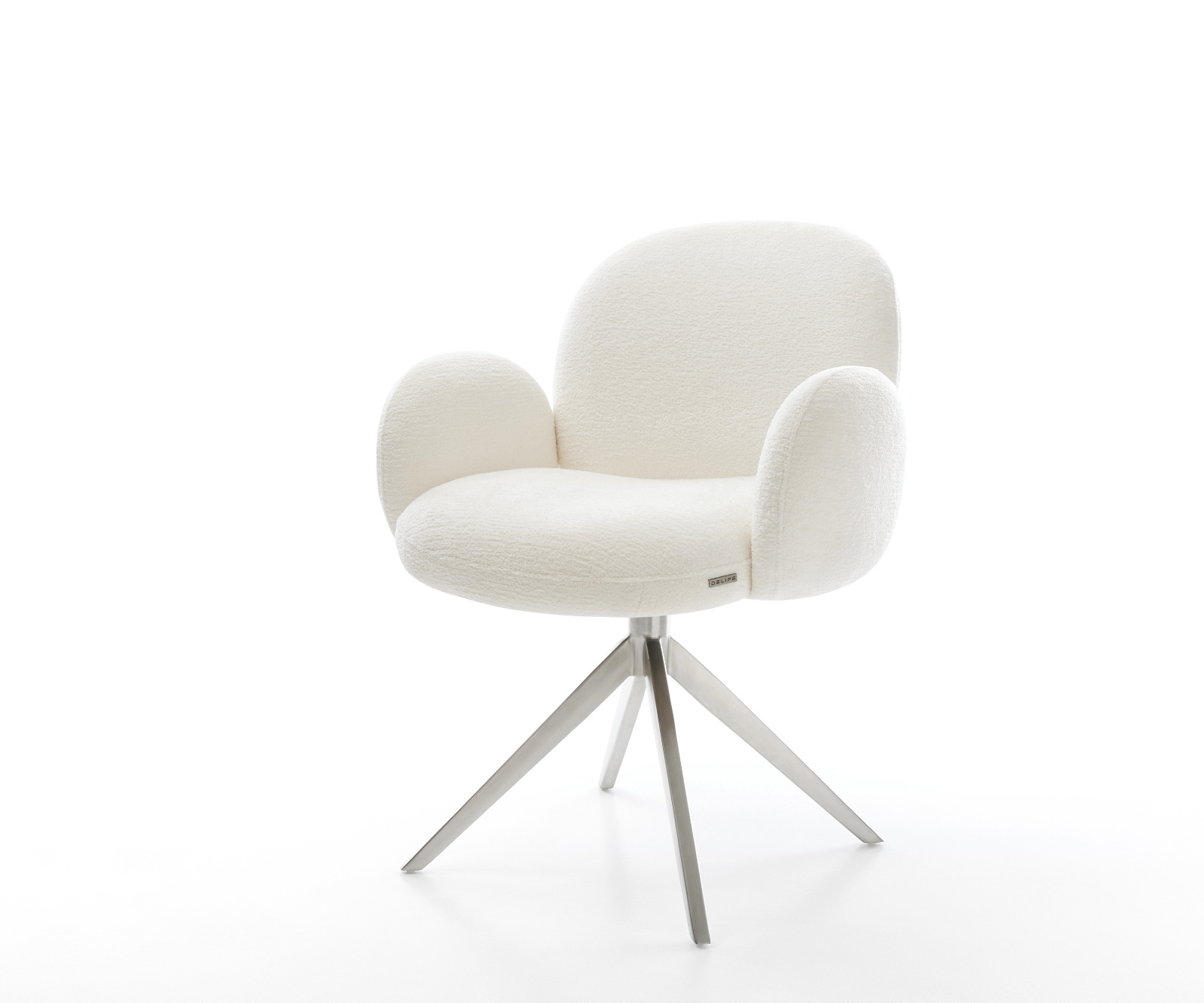 Étkezőszék Nube-Flex karfás bouclé puha bézs kereszt láb széles rozsdamentes acél 360° forgatható billenő zsákrugós matrac