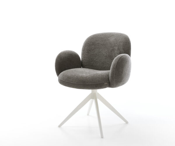 Étkezőszék Nube-Flex karfás bouclé puha sötét bézs kereszt láb széles fehér 360° forgatható billenő zsákrugós