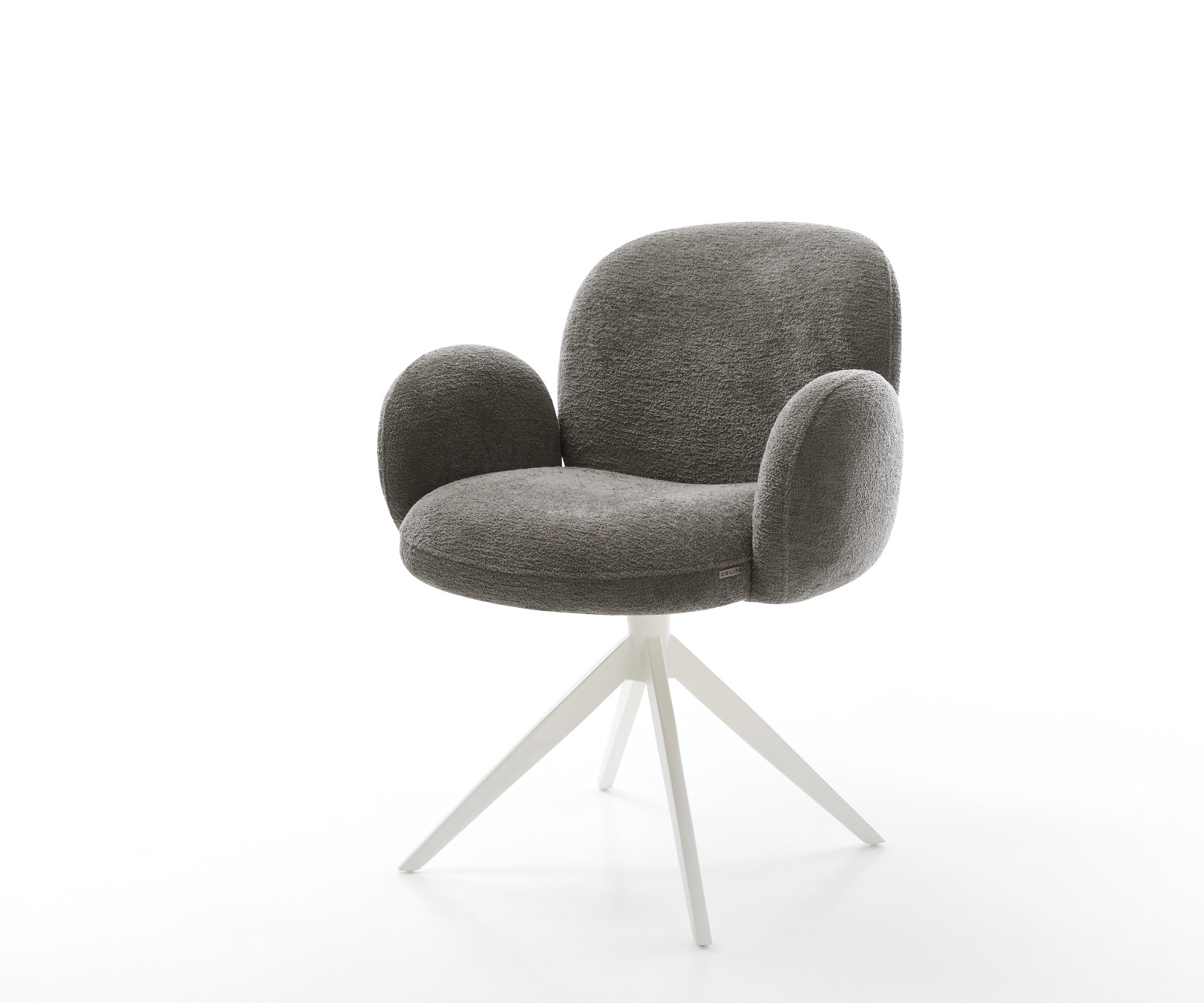 Étkezőszék Nube-Flex karfás bouclé puha sötét bézs kereszt láb széles fehér 360° forgatható billenő zsákrugós