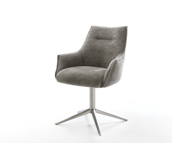 Étkezőszék Alja-Flex karfás bouclé puha sötét bézs rozsdamentes acél kereszt láb 360° forgatható billenő zsákrugós matrac