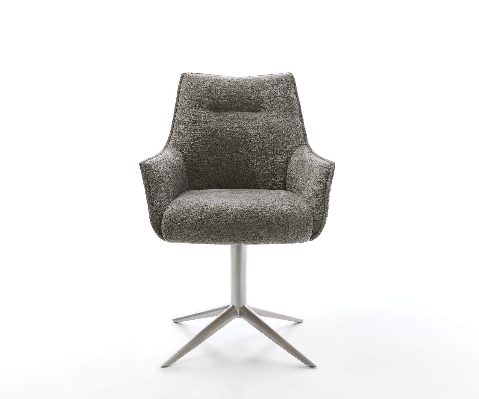 Étkezőszék Alja-Flex karfás bouclé puha sötét bézs rozsdamentes acél kereszt láb 360° forgatható billenő zsákrugós matrac - Image 2