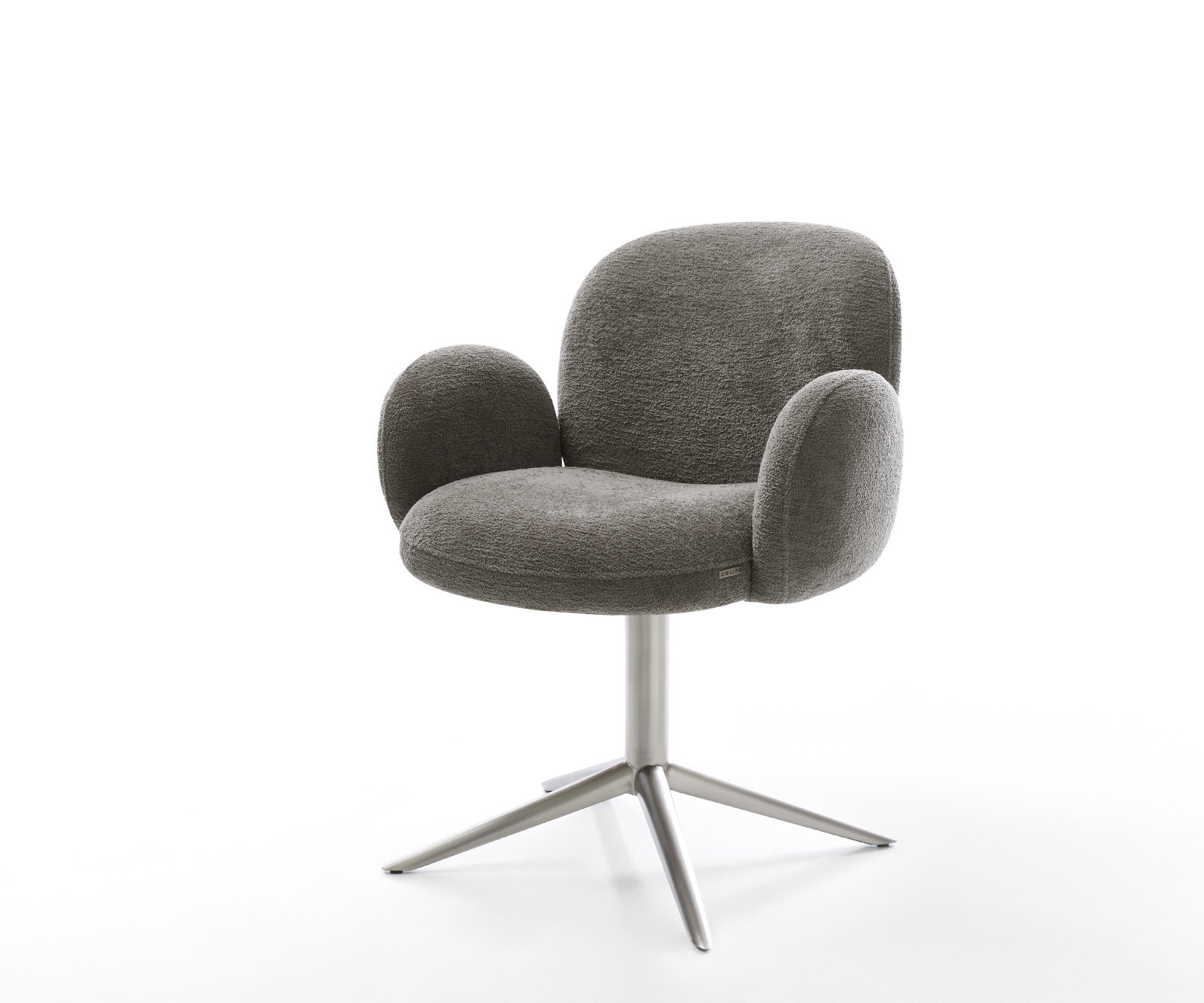 Étkezőszék Nube-Flex karfás bouclé puha sötét bézs rozsdamentes acél kereszt láb 360° forgatható billenő funkció zsákrugós matrac