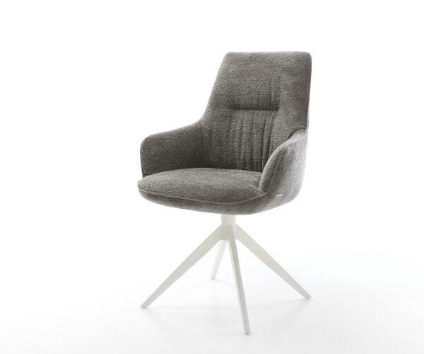 Étkezőszék Zelia-Flex karfás bouclé puha sötét bézs kereszt láb széles fehér 360° forgatható billenő zsákrugós matrac