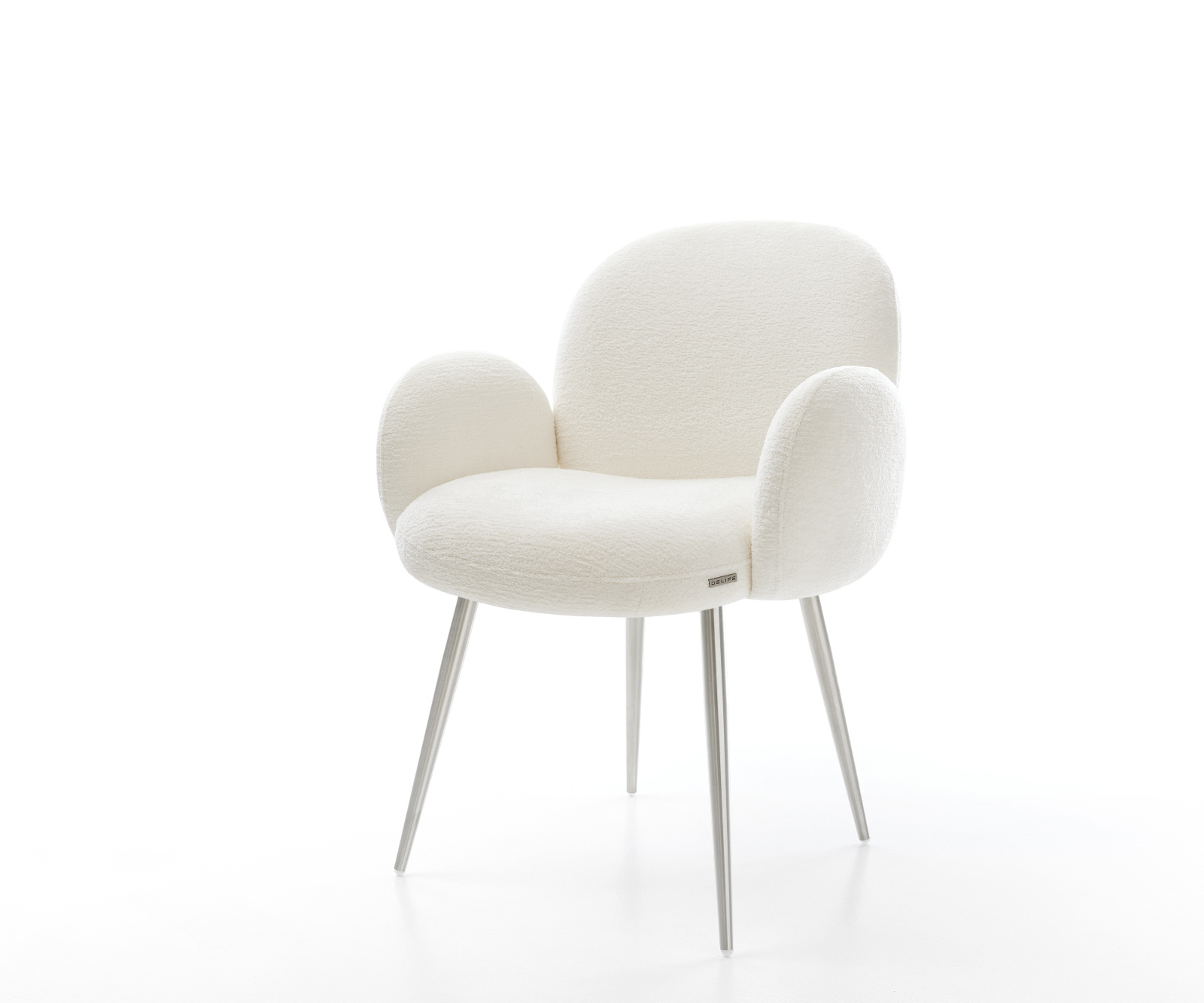 Étkezőszék Nube-Flex karfás bouclé puha bézs 4 láb kúpos rozsdamentes acél zsákrugós