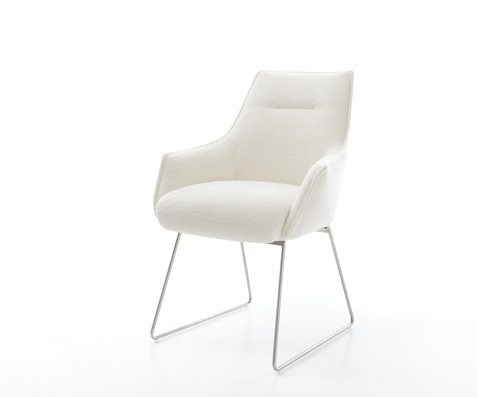 Étkezőszék Alja-Flex karfás bouclé puha bézs vékony láb rozsdamentes acél zsákrugós