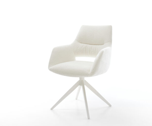 Étkezőszék Yago-Flex karfás bouclé puha bézs széles kereszt láb fehér 360° forgatható billenő zsákrugós matrac