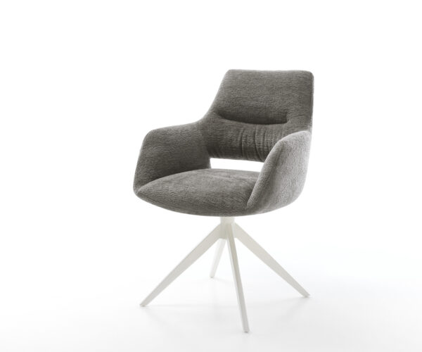 Étkezőszék Yago-Flex karfás bouclé puha sötét bézs kereszt láb széles fehér 360° forgatható billenő zsákrugós matrac