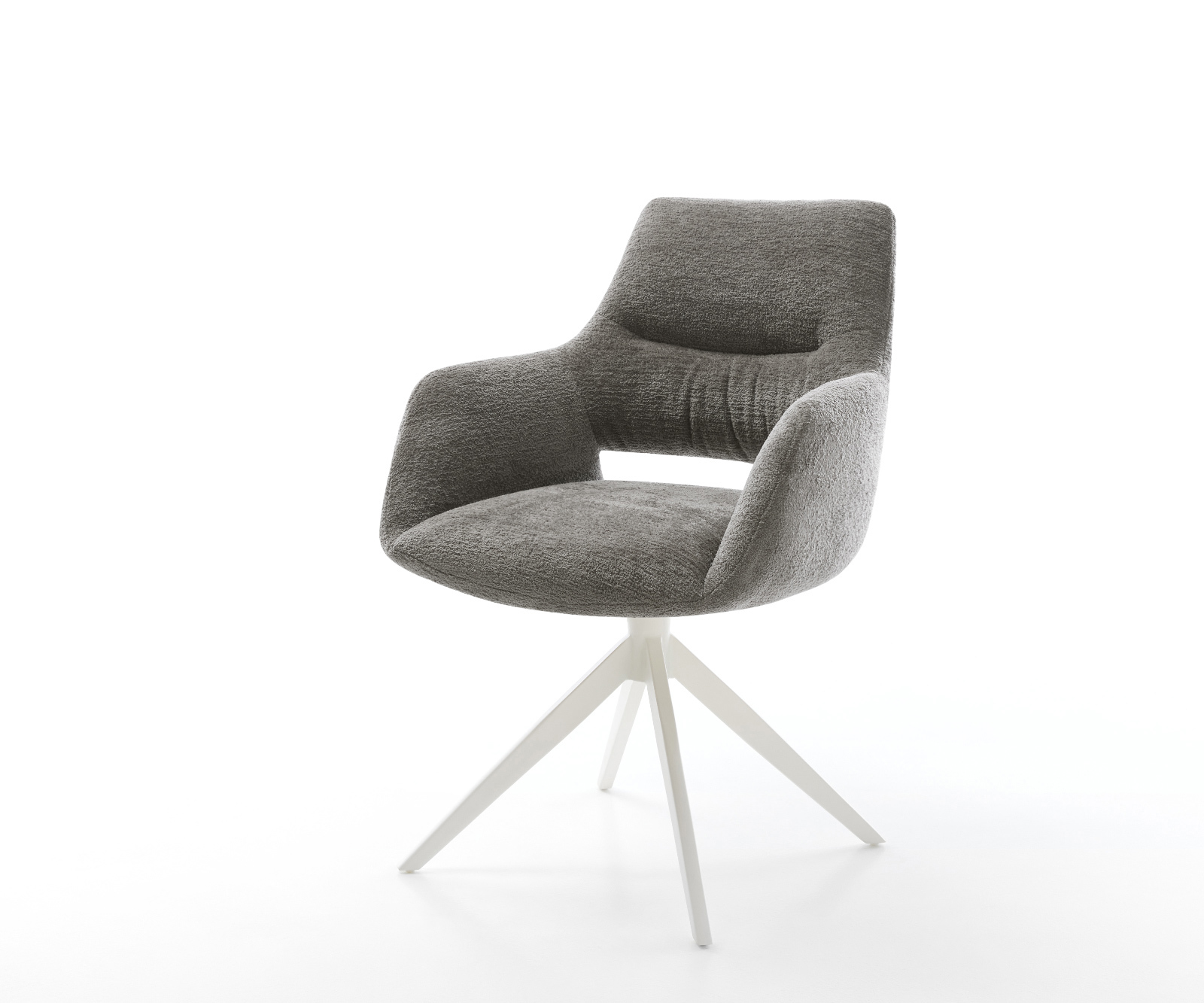 Étkezőszék Yago-Flex karfás bouclé puha sötét bézs kereszt láb széles fehér 360° forgatható billenő zsákrugós matrac