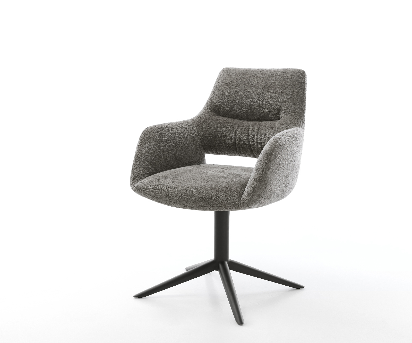 Étkezőszék Yago-Flex karfás bouclé puha sötét bézs kereszt láb fekete 360° forgatható hintamechanizmus zsákrugó