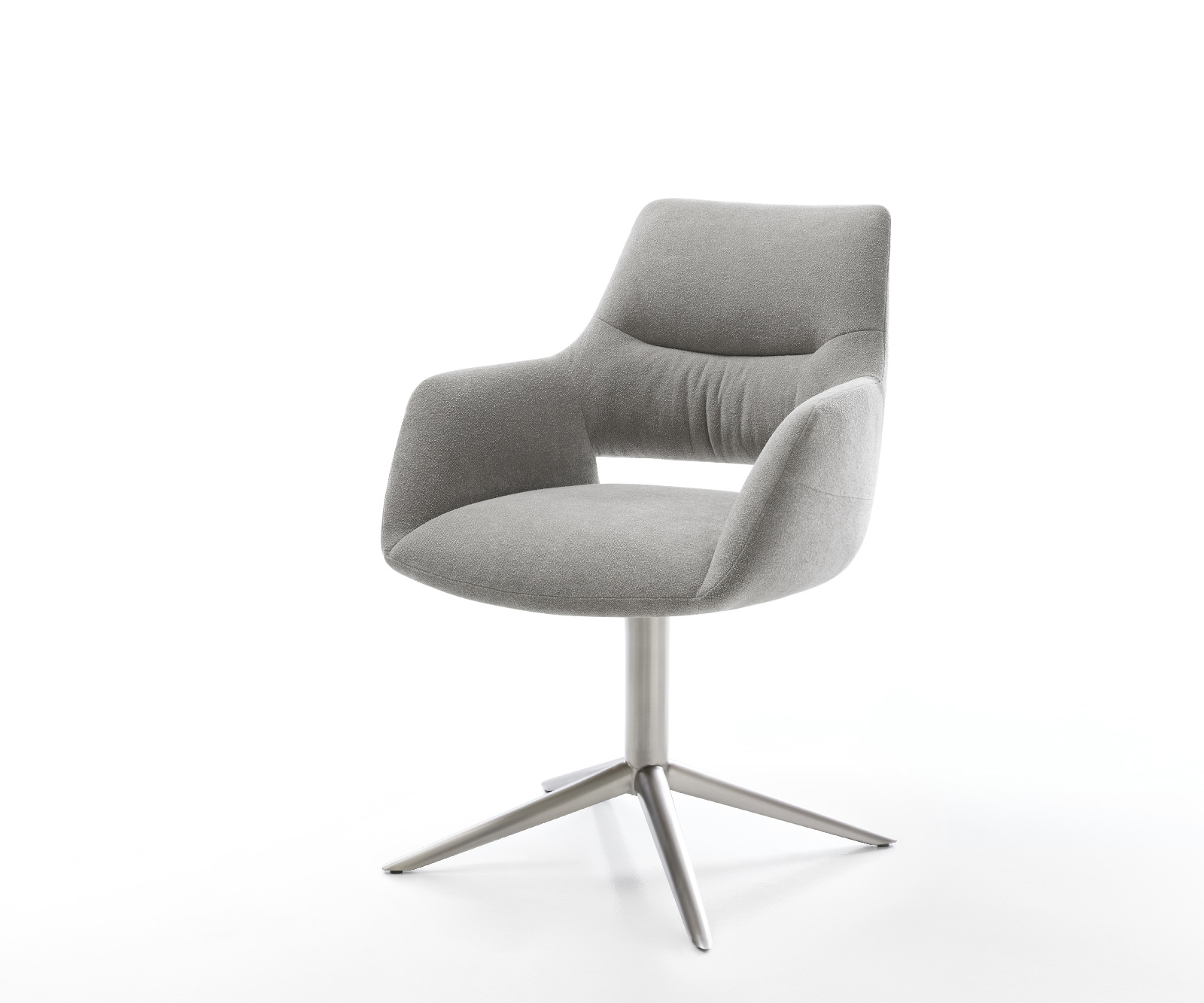 Étkezőszék Yago-Flex karfás strukturált szövet puha szürke rozsdamentes acél kereszt láb 360° forgatható hintamechanizmus zsákrugós matrac