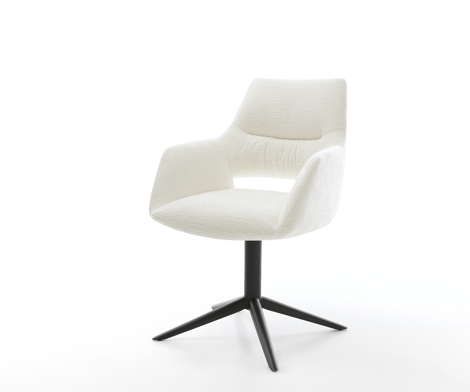 Étkezőszék Yago-Flex karfás bouclé puha bézs fekete kereszt láb 360° forgatható hintamechanizmus zsákrugós matrac