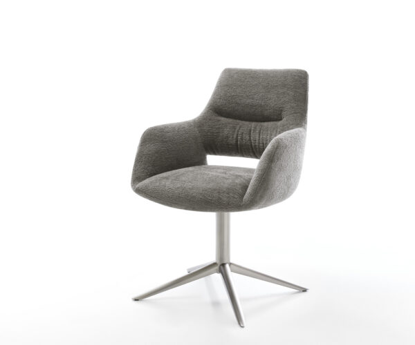 Étkezőszék Yago-Flex karfás bouclé puha sötét bézs rozsdamentes acél kereszt láb 360° forgatható hintamechanizmus zsákrugós matrac