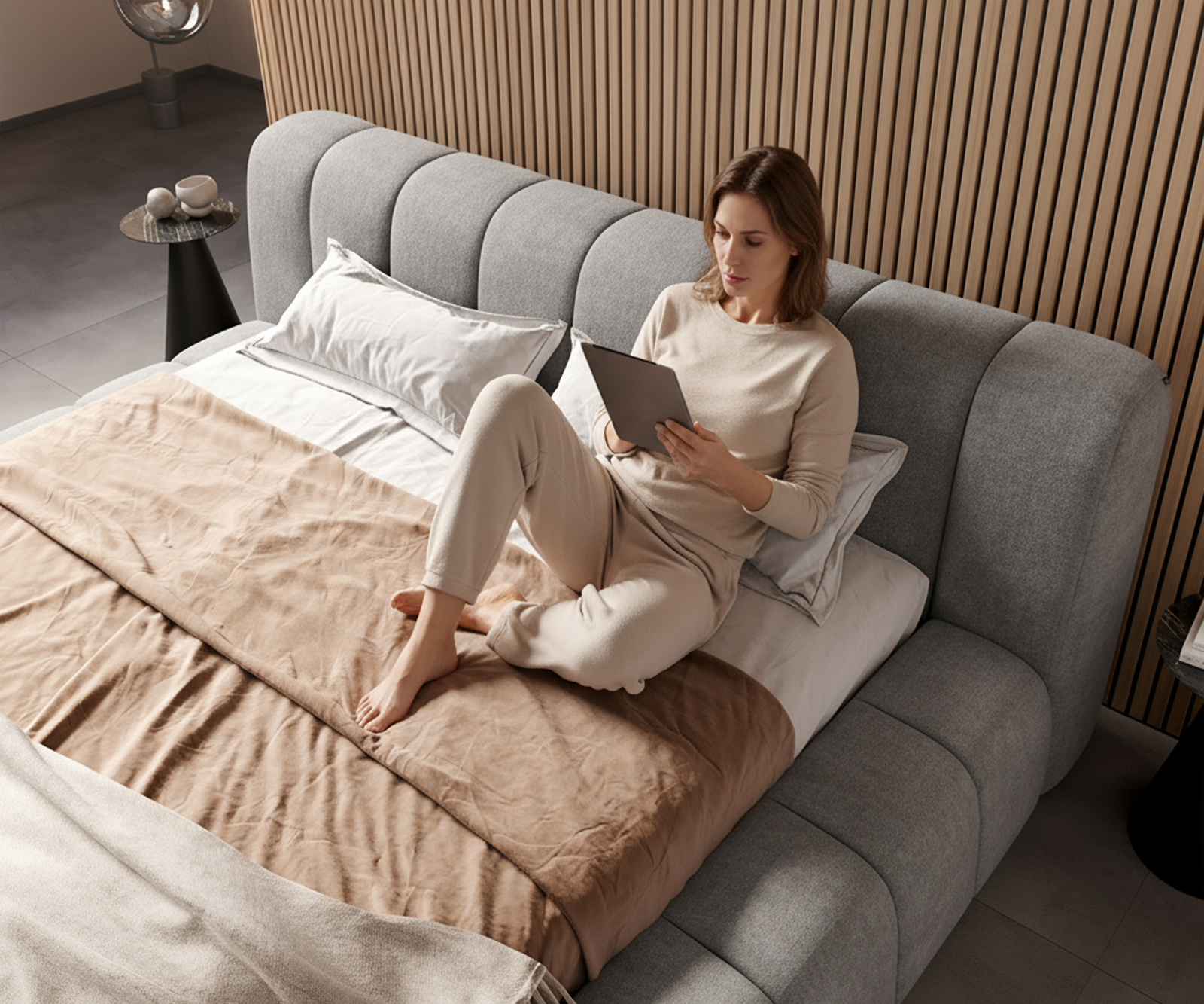 Kárpitozott ágy Cutio 180x200 cm strukturált szövet puha szürke - Image 4