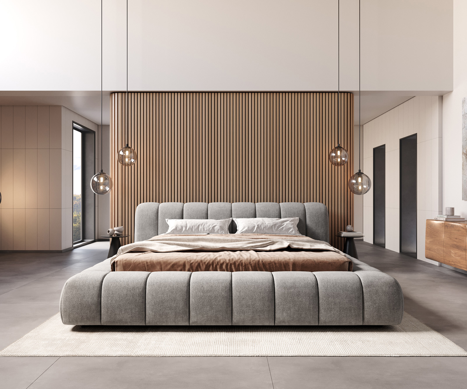 Kárpitozott ágy Cutio 180x200 cm strukturált szövet puha szürke - Image 5