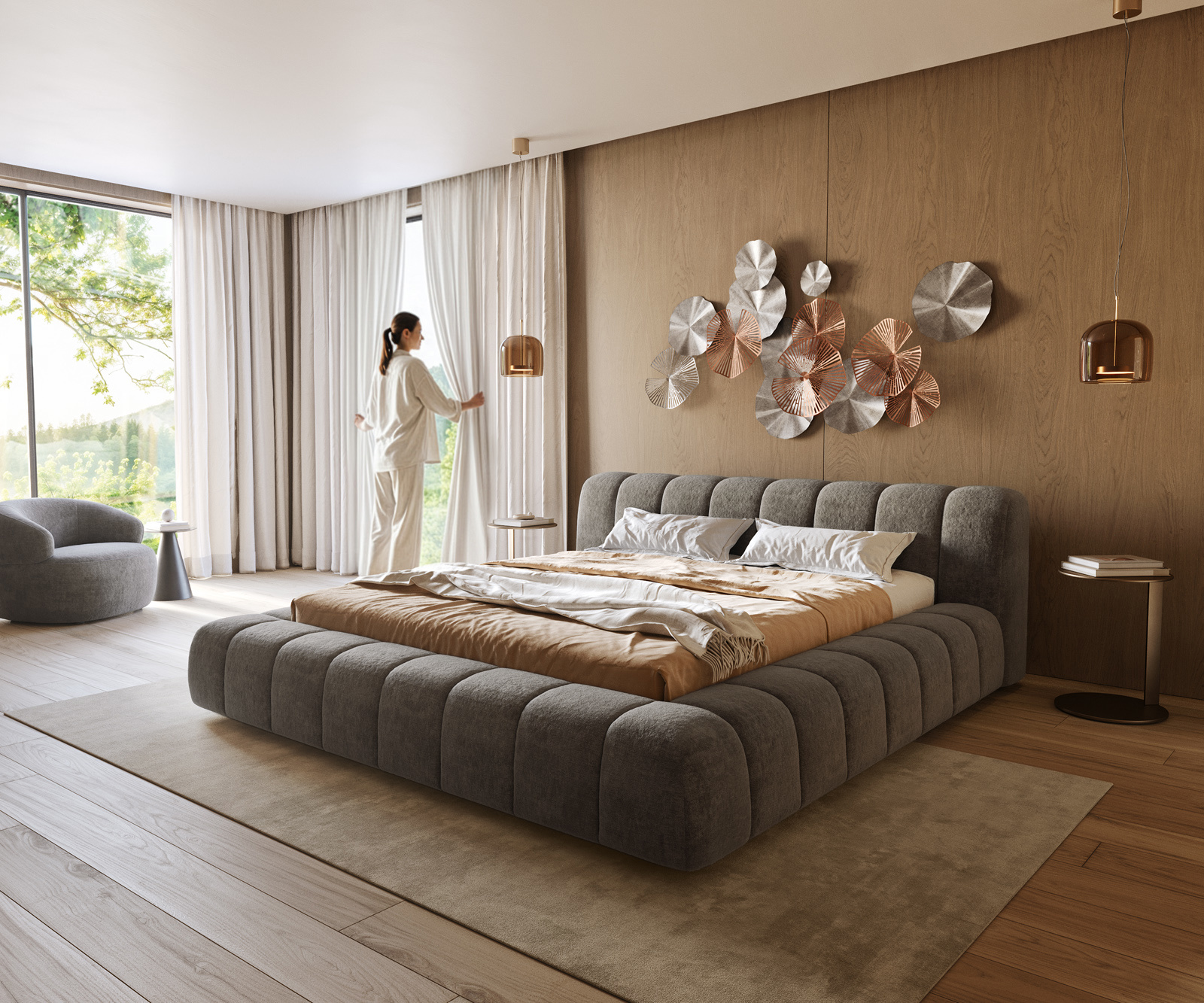 Kárpitozott ágy Cutio 180x200 cm bouclé puha sötét bézs