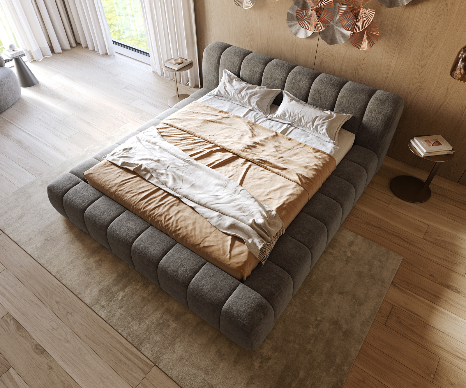 Kárpitozott ágy Cutio 180x200 cm bouclé puha sötét bézs - Image 2