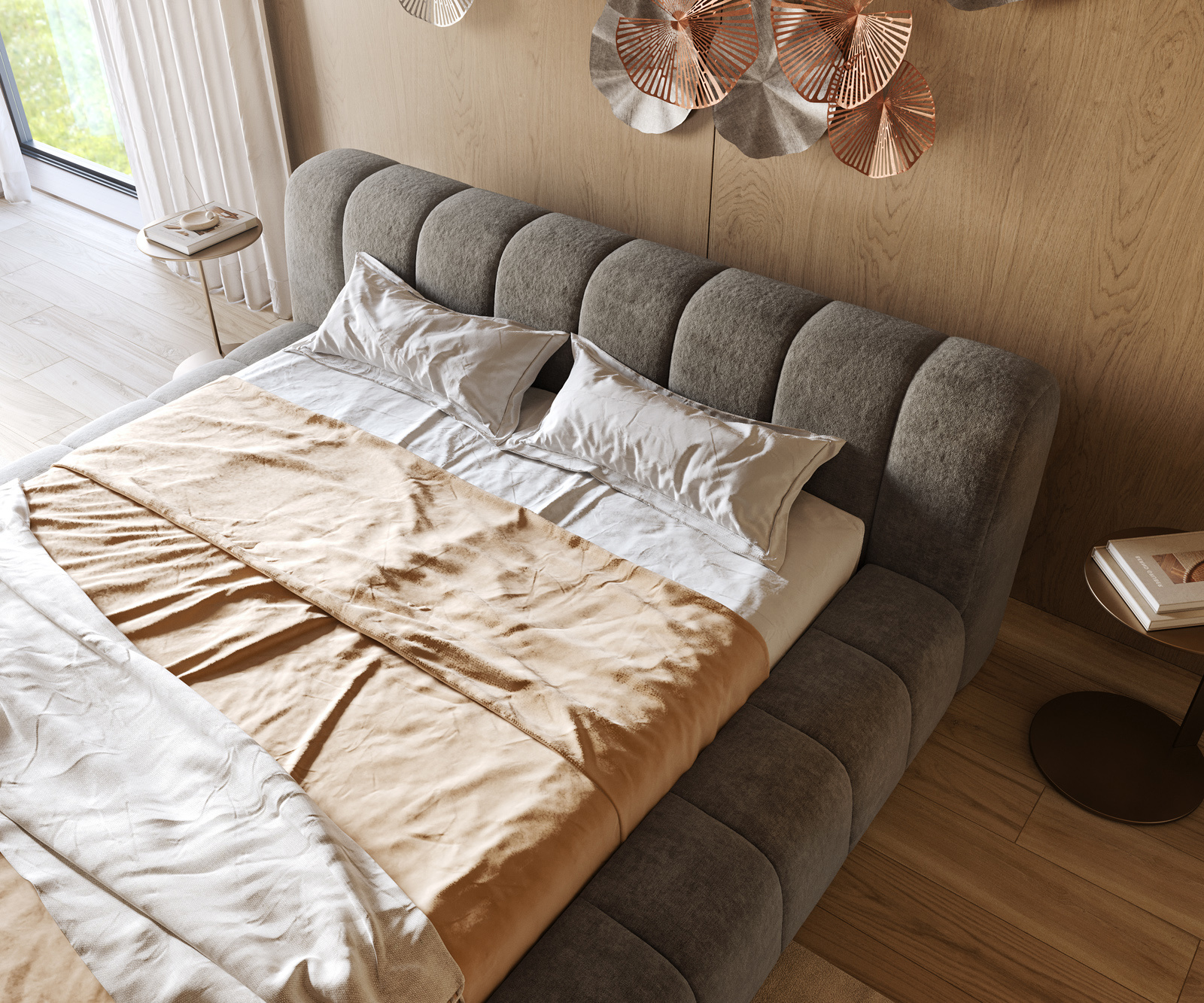 Kárpitozott ágy Cutio 180x200 cm bouclé puha sötét bézs - Image 5