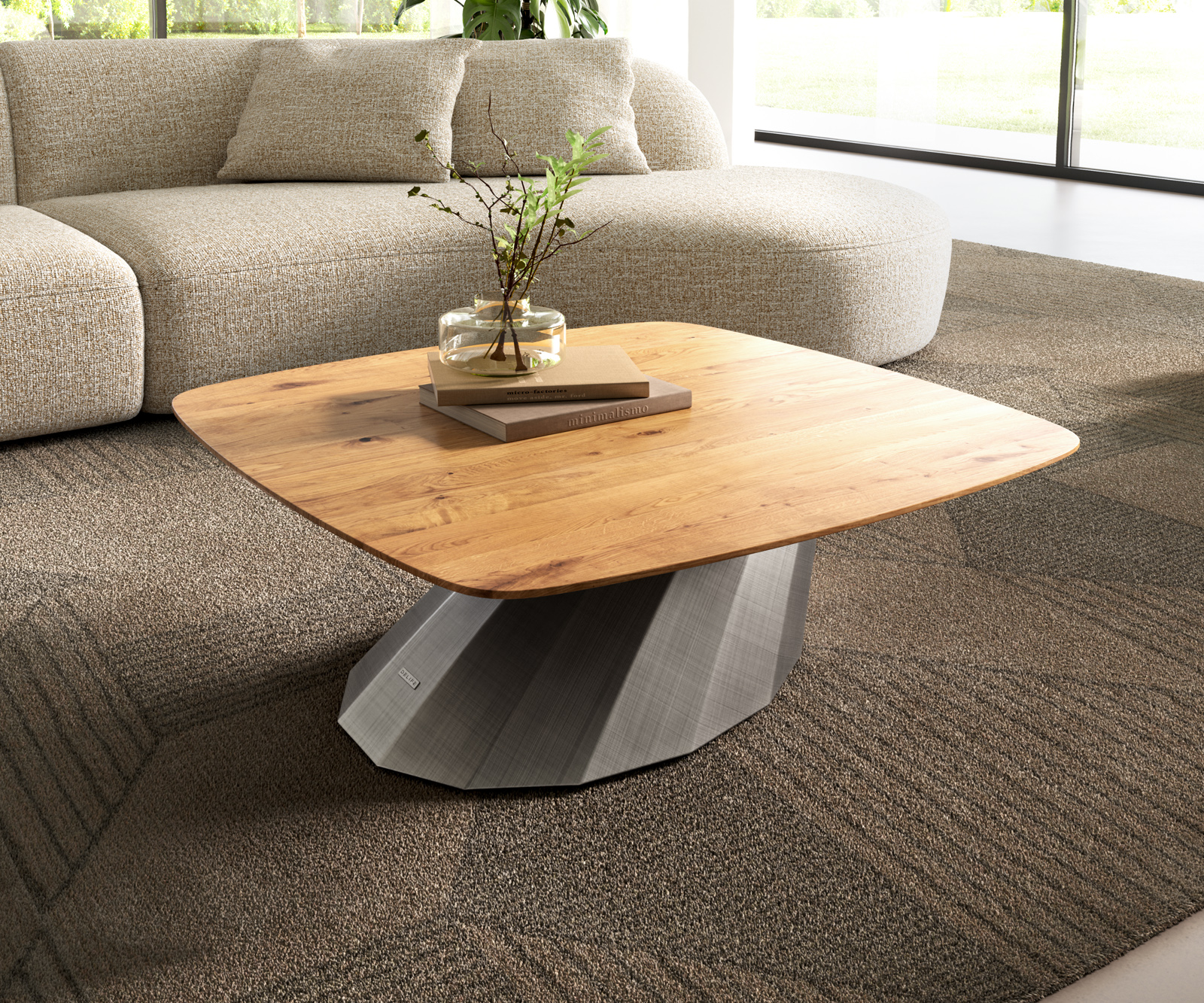 Dohányzóasztal Edge hajóformájú 90x90 cm tölgy természetes svájci él Parabi metál ezüst