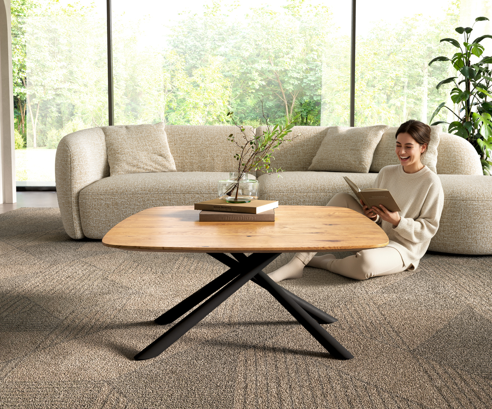 Dohányzóasztal Edge hajóformájú 90x90 cm tölgy természetes svájci él Sarity fém fekete - Image 2