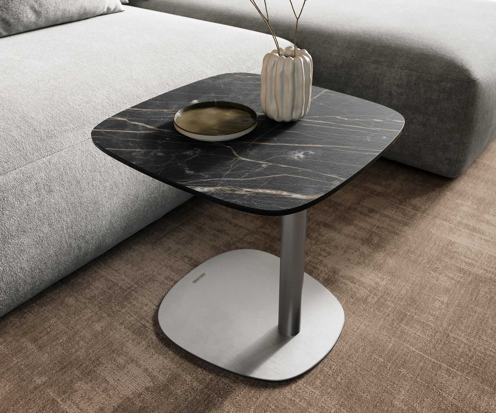 Dohányzóasztal Edge hajóformájú 50x50 cm Laminam® kerámia Noir Desir barna Eleny rozsdamentes acél szálcsiszolt - Image 6