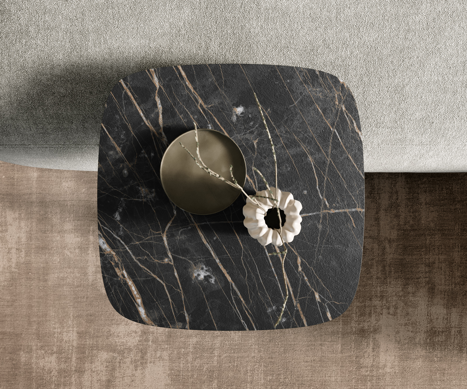 Dohányzóasztal Edge hajóformájú 50x50 cm Laminam® kerámia Noir Desir barna Eleny rozsdamentes acél szálcsiszolt - Image 4