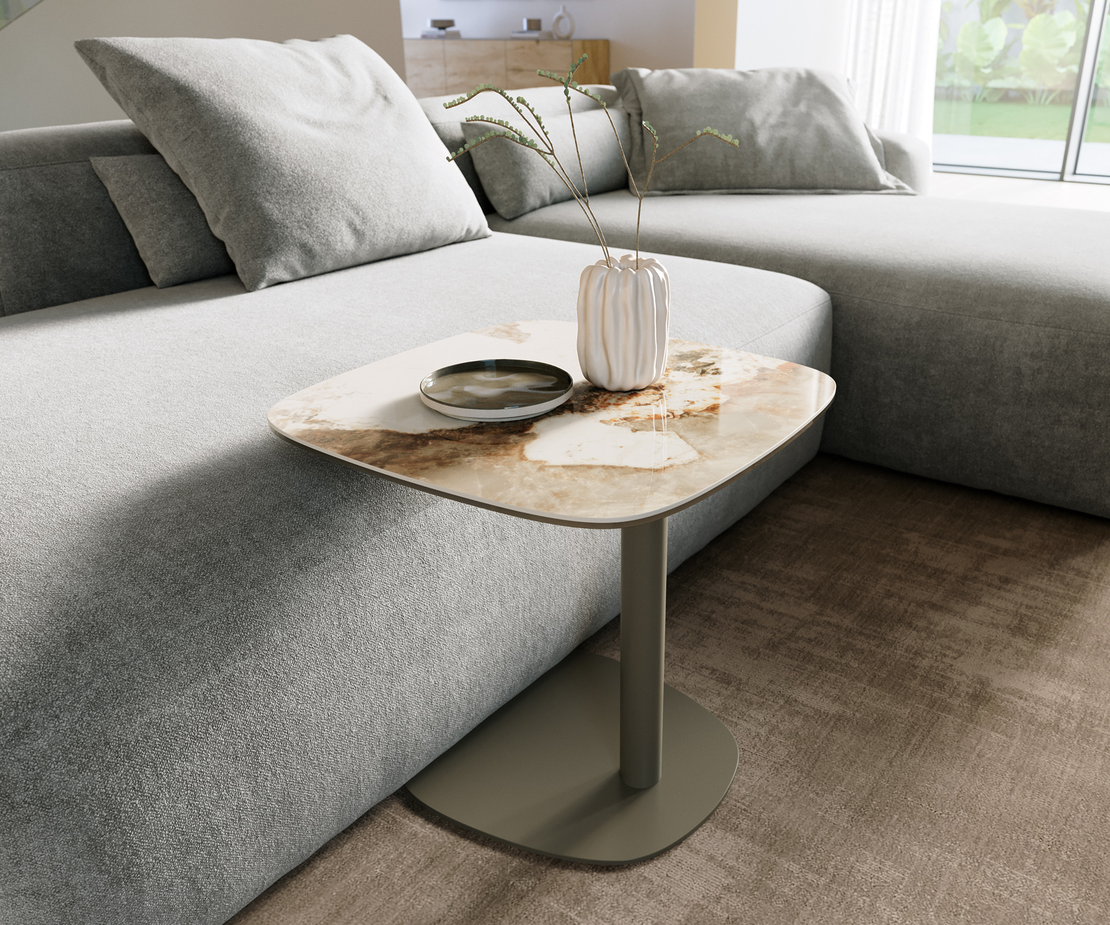 Dohányzóasztal Edge hajóformájú 50x50 cm kerámia Minas melange Eleny fém titán színű effektfinish