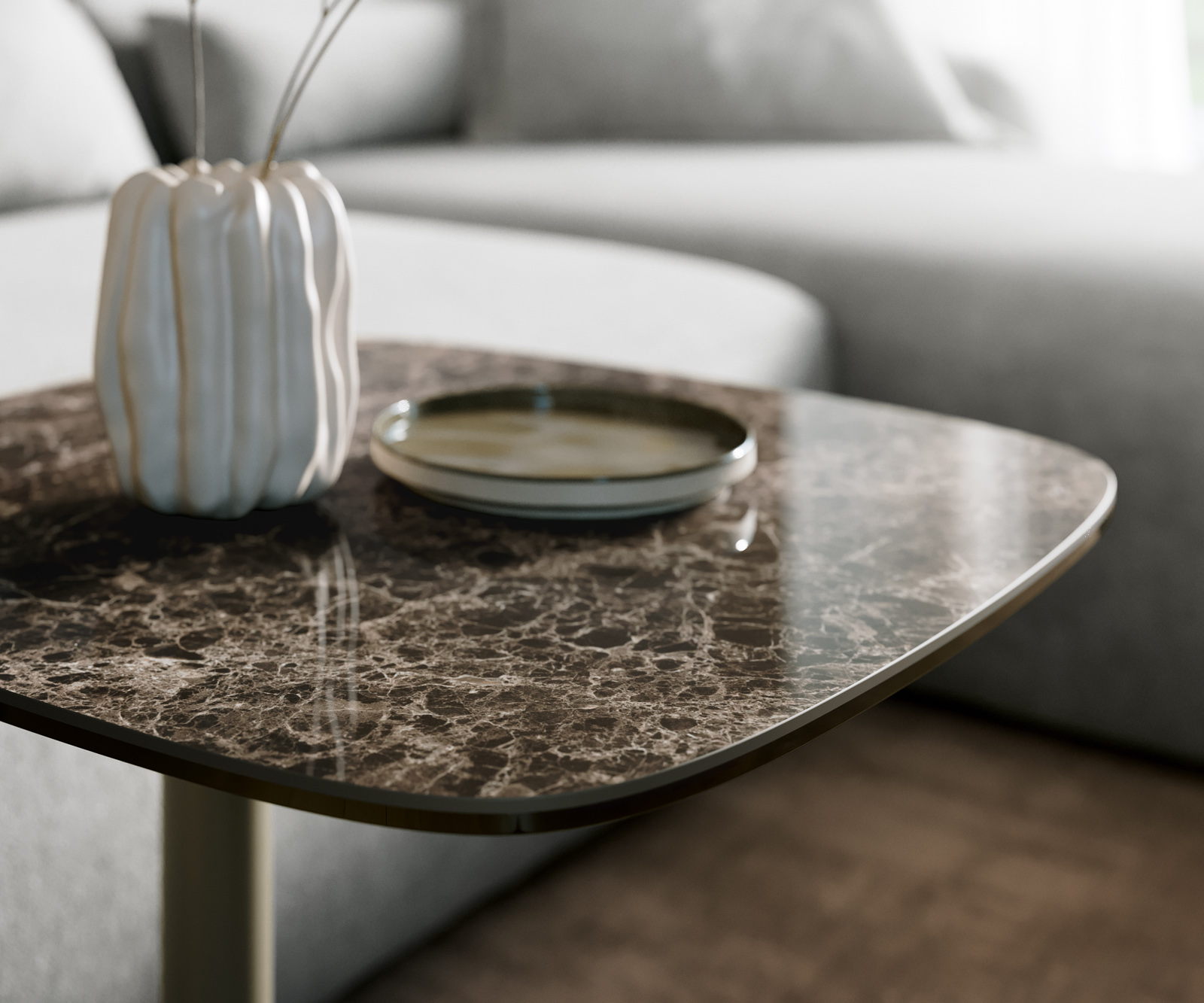 Dohányzóasztal Edge hajóformájú 50x50 cm Laminam® Emperador kerámia extra fényes sötétbarna Eleny fém titán effekt finish - Image 6