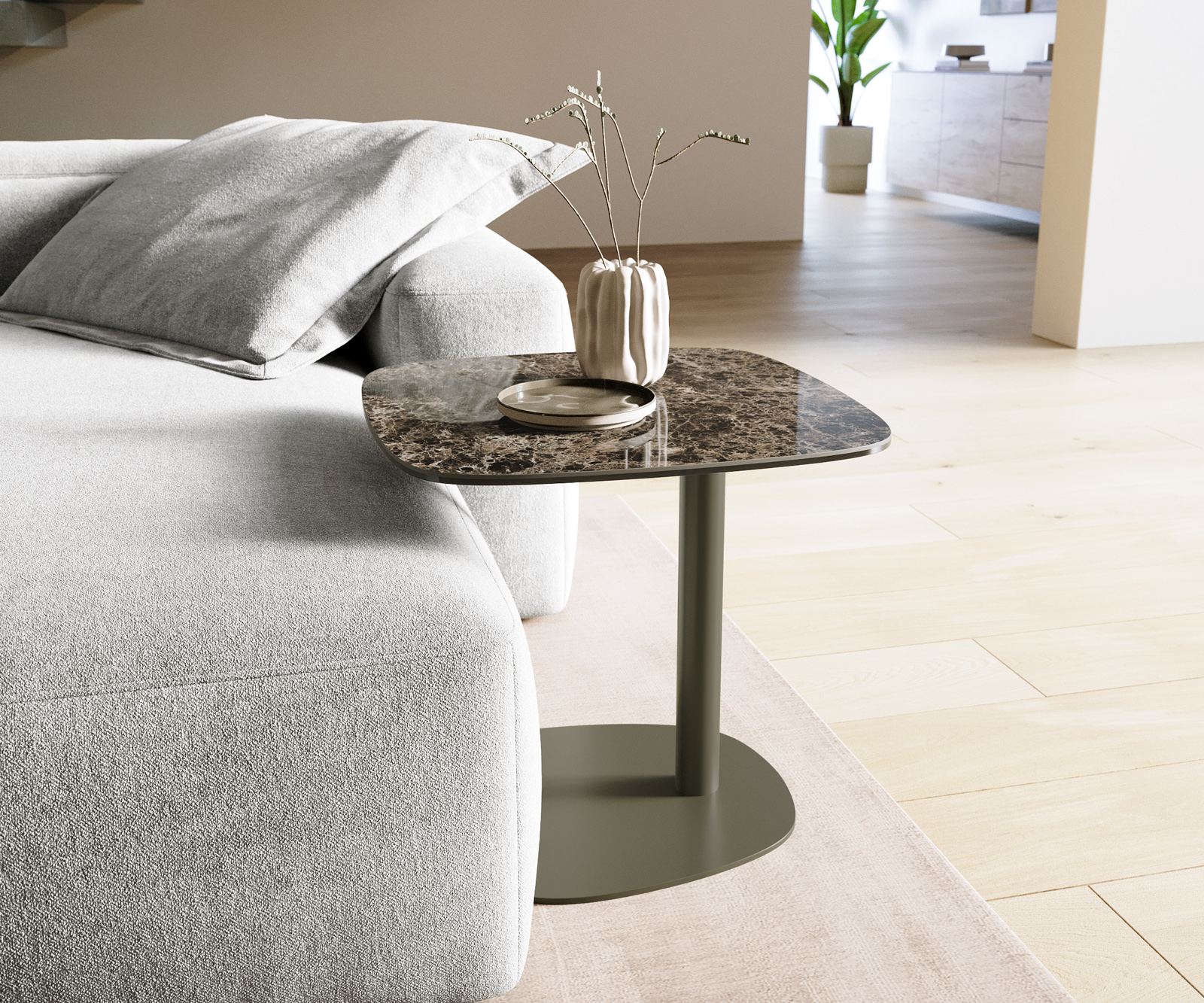 Dohányzóasztal Edge hajóformájú 50x50 cm Laminam® Emperador kerámia extra fényes sötétbarna Eleny fém titán effekt finish - Image 2